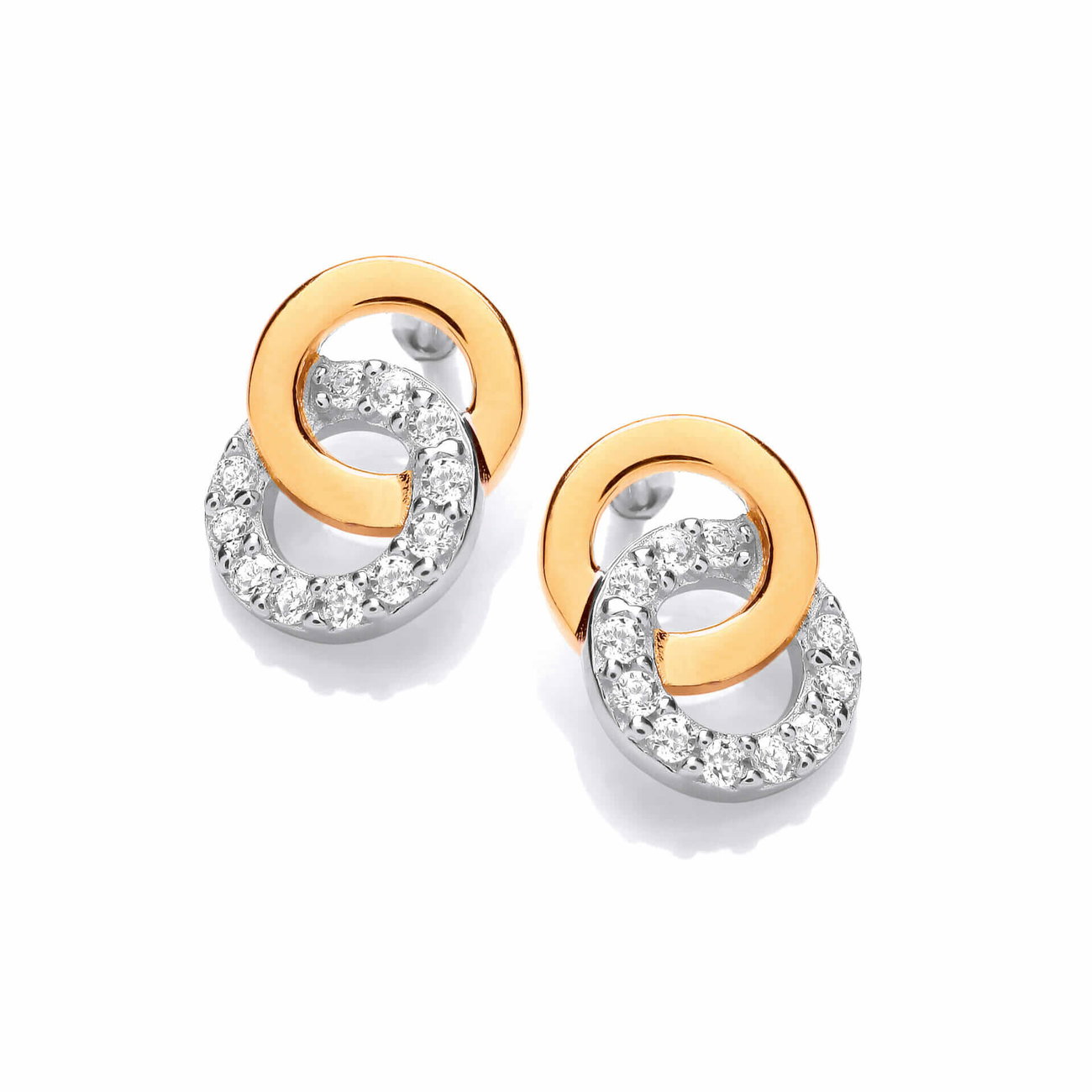 Sterling Silver Yellow Gold Plated CZ Entwined Circles Earrings
