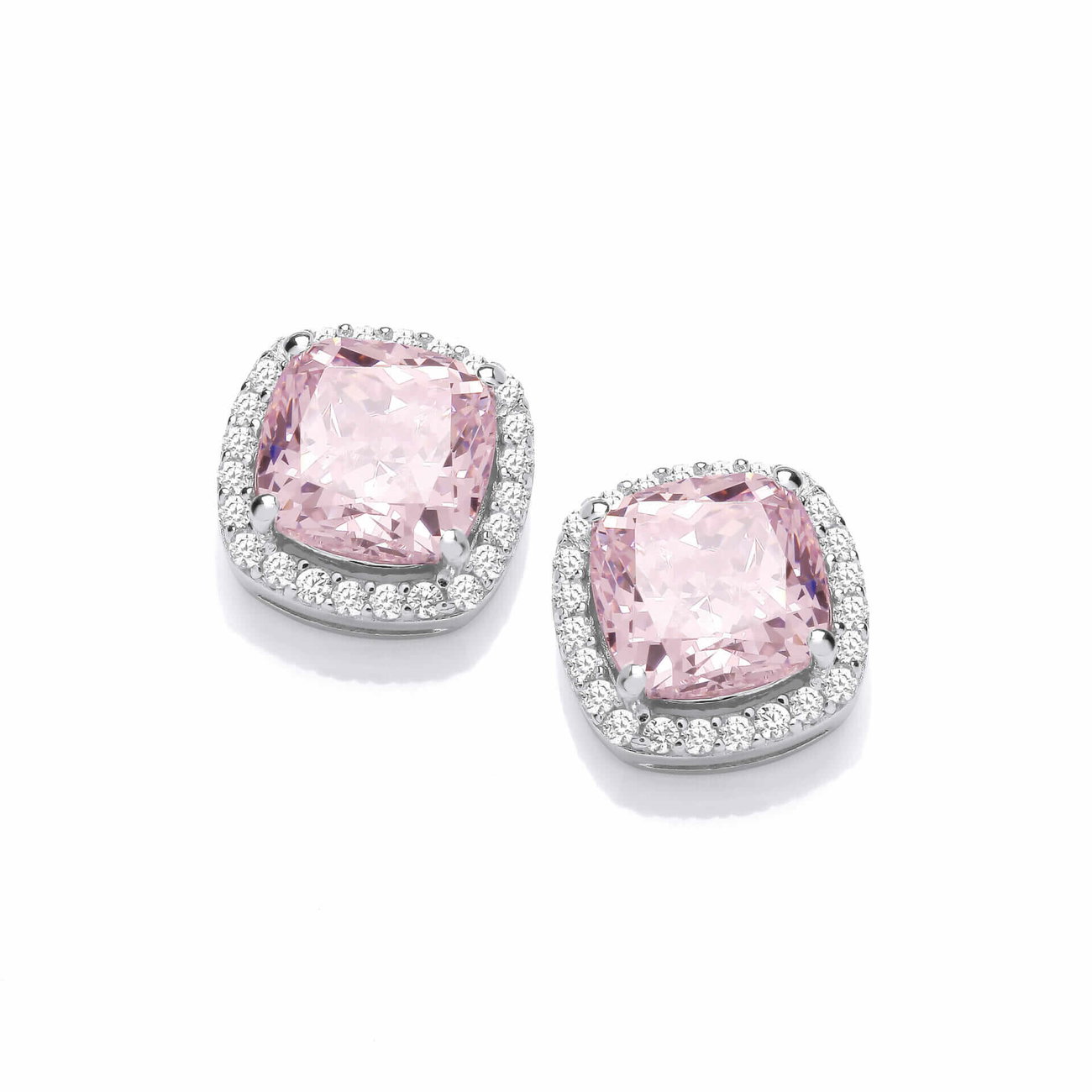 Sterling Silver Pink CZ Cushion Halo Earrings