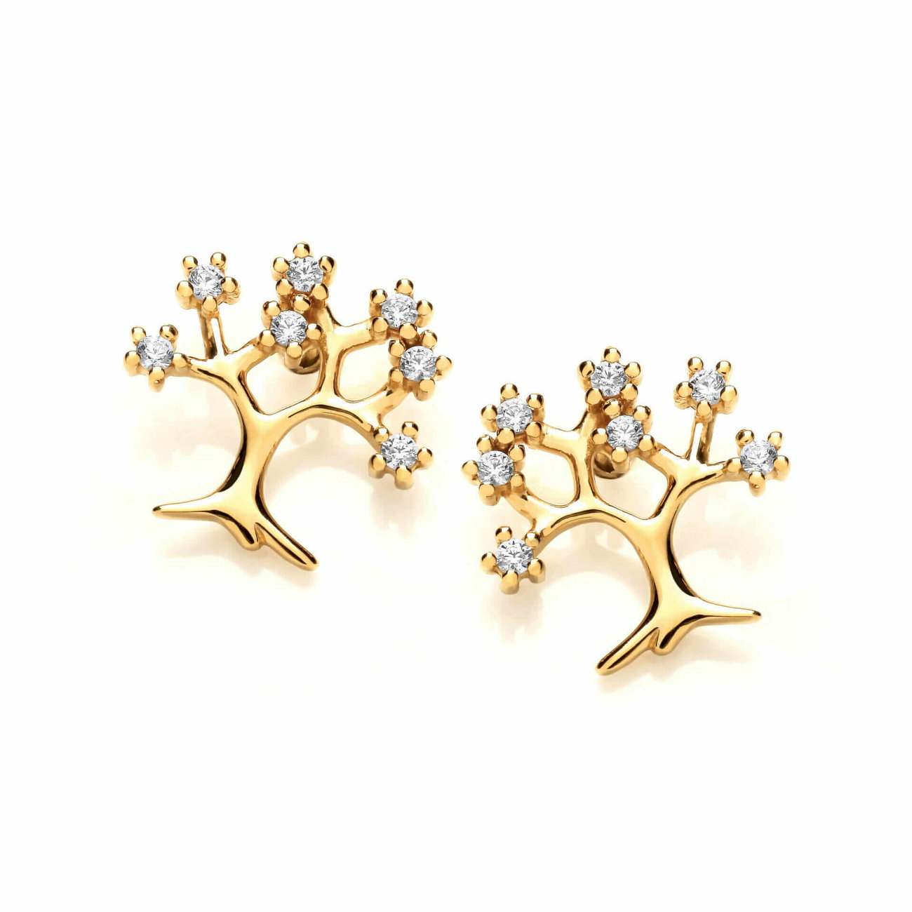 Sterling Silver Yellow Gold Plated CZ Tree of Life Earrings