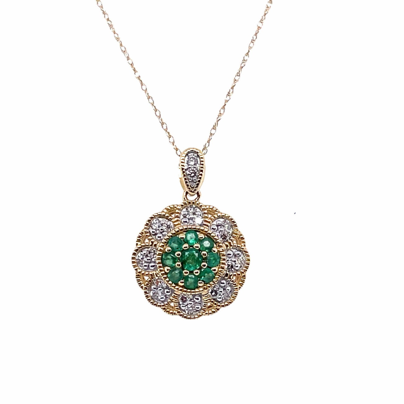 14ct Yellow Gold Emerald & Diamond Beaded Flower Necklace