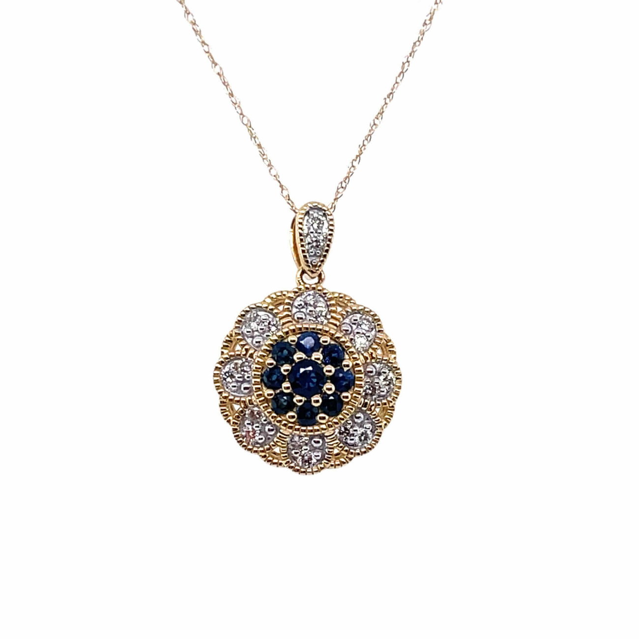 14ct Yellow Gold Sapphire & Diamond Beaded Flower Necklace