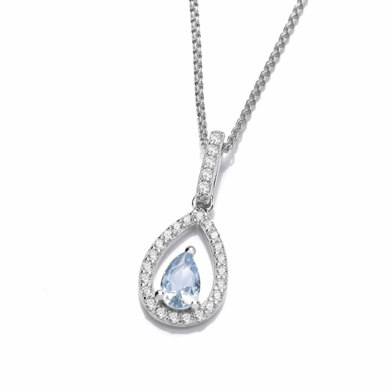 Sterling Silver Aquamarine CZ Pear Drop Necklace