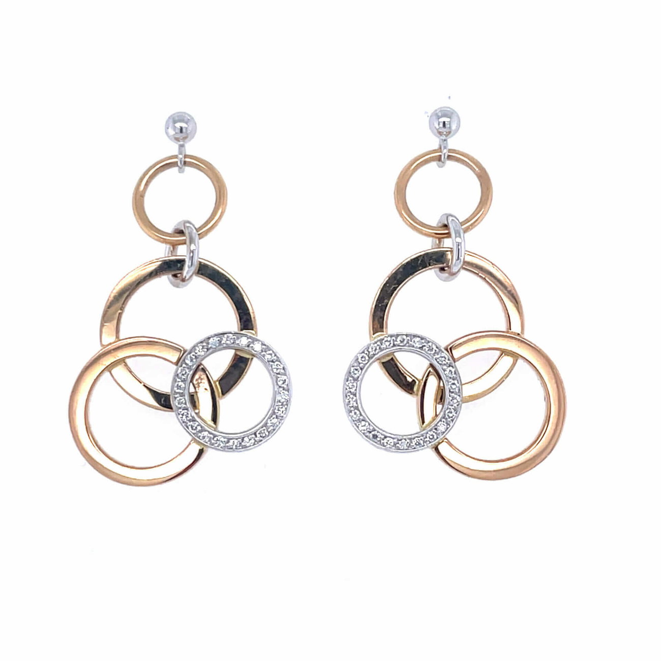 Vintage 18ct Rose & White Diamond Set Circle Drop Earrings