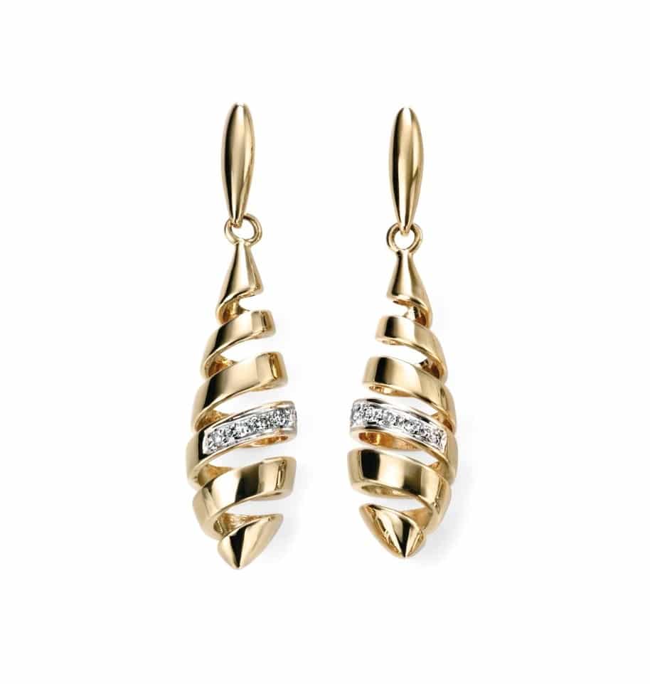 9ct Yellow Gold Diamond Spiral Drop Earrings