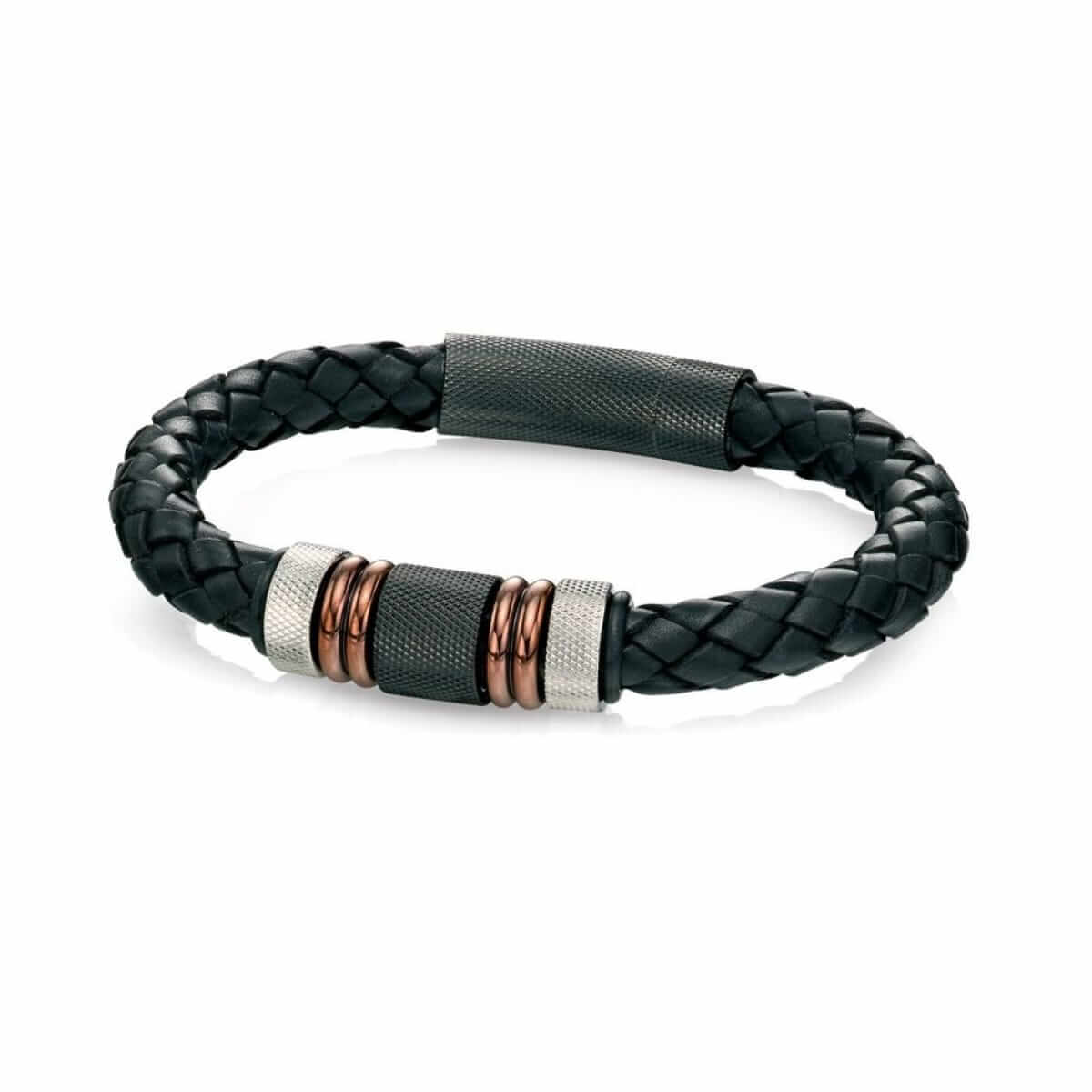 Stainless Steel, Black Brown PVD and Black Leather Woven Bracelet