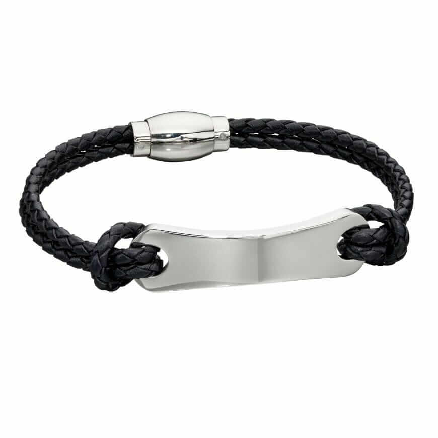 Woven Black Leather & Stainless Steel ID Bar Bracelet