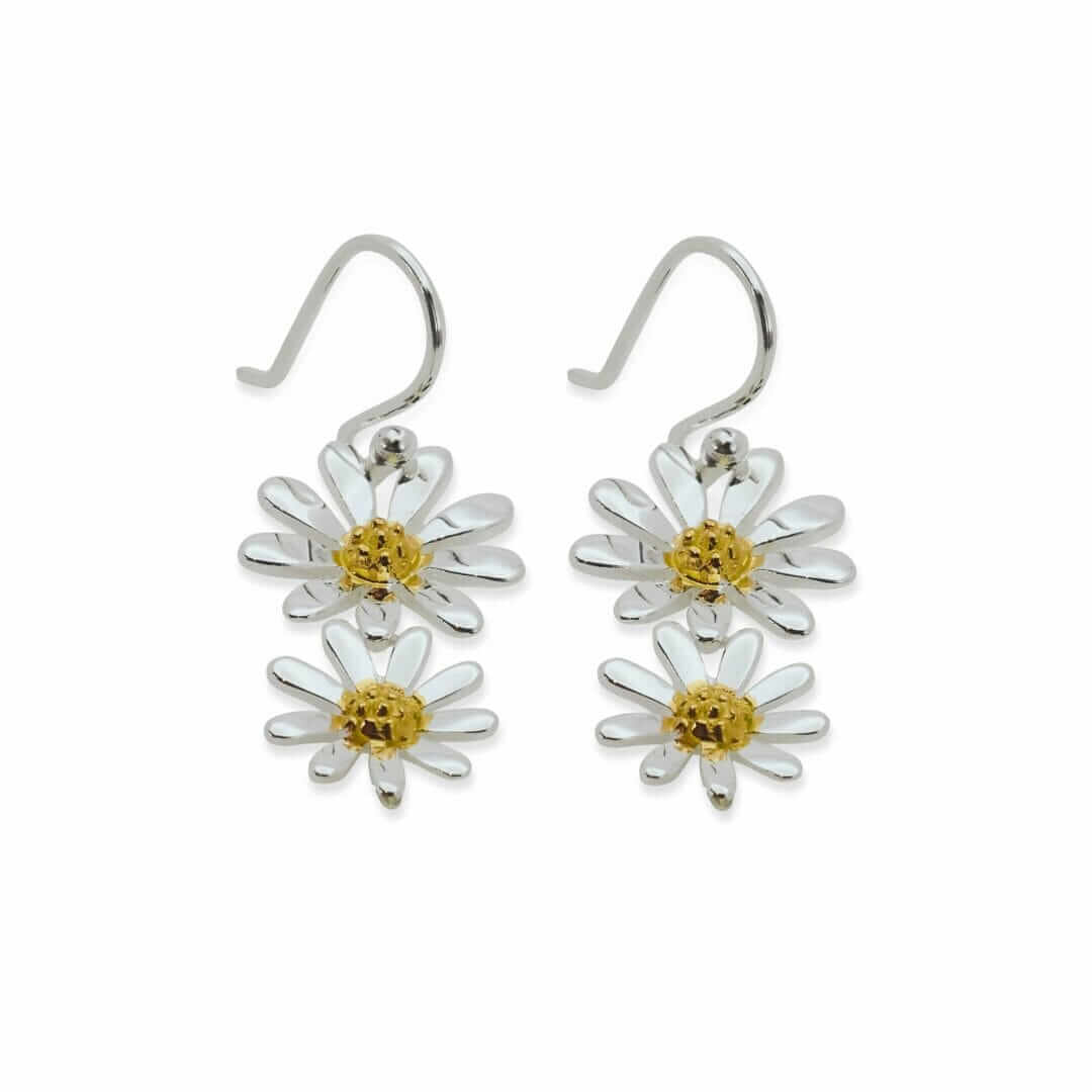 Sterling Silver Gold Vermeil Reverse Double Daisy Drop Earrings