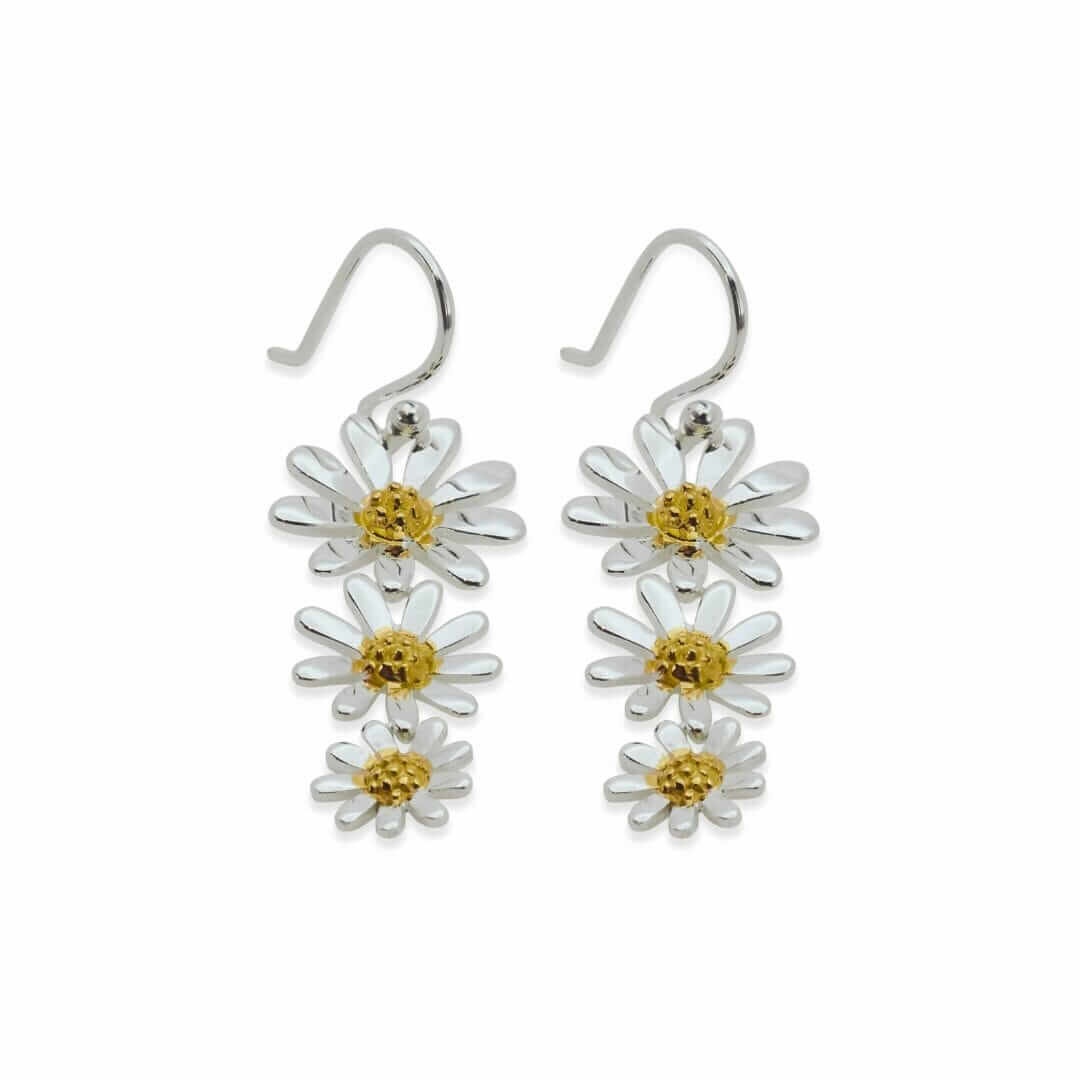 Sterling Silver Gold Vermeil Triple Daisy Drop Earrings