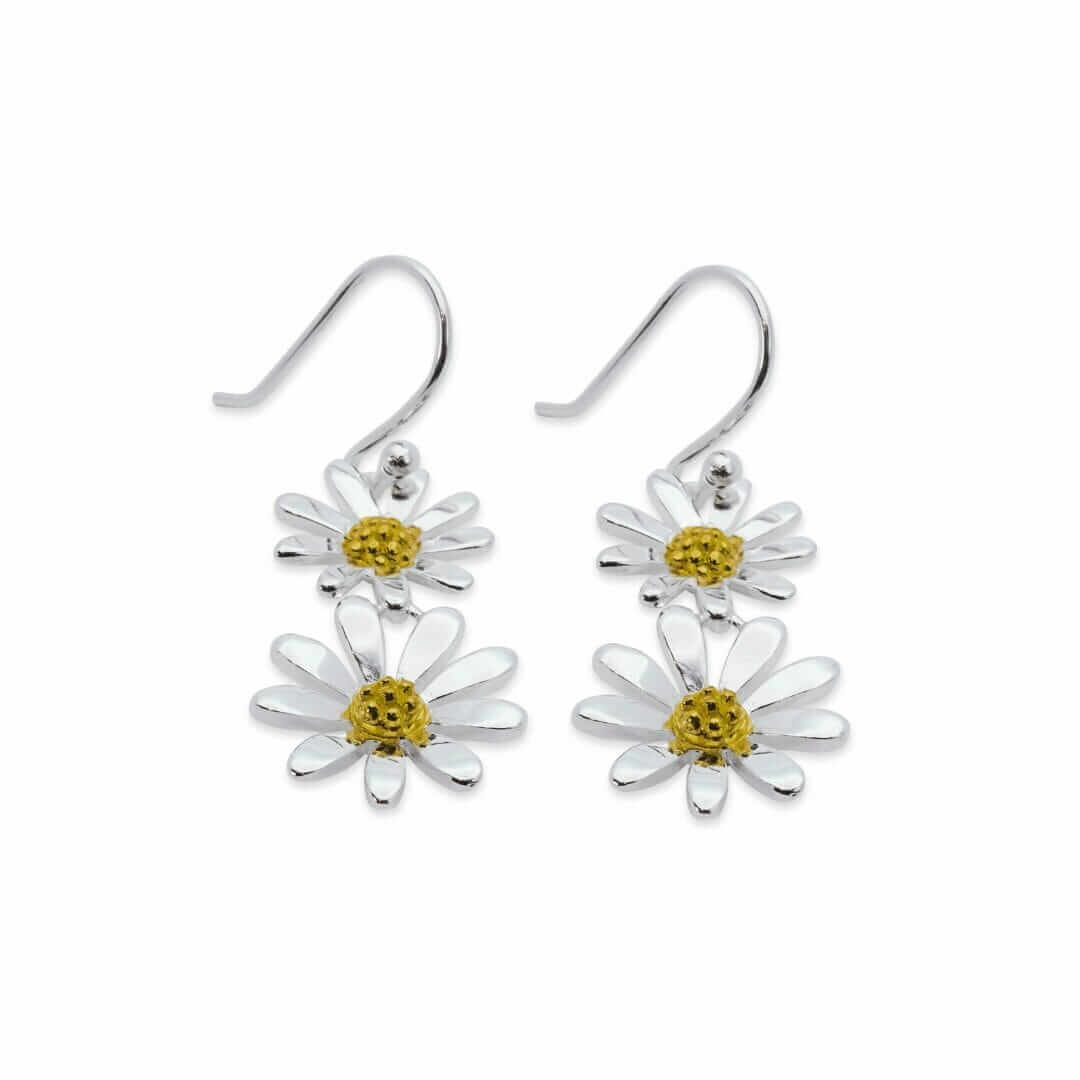Sterling Silver Gold Vermeil Double Daisy Drop Earrings