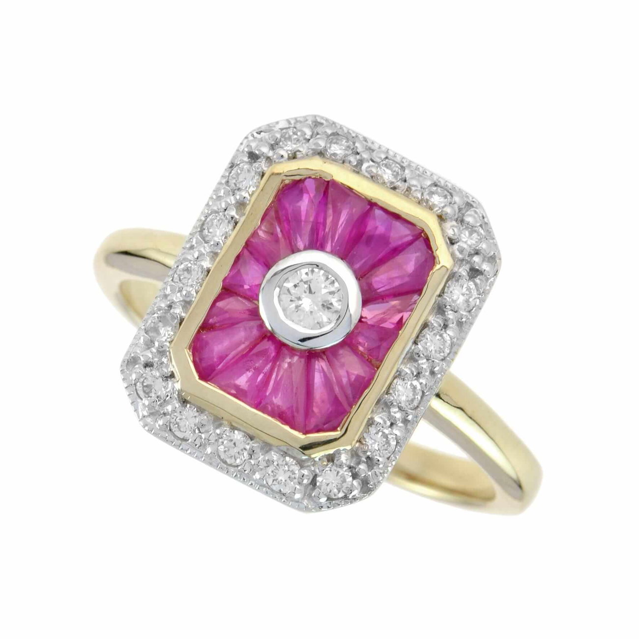 Yellow Gold Ruby and Diamond Art Deco Style Ring