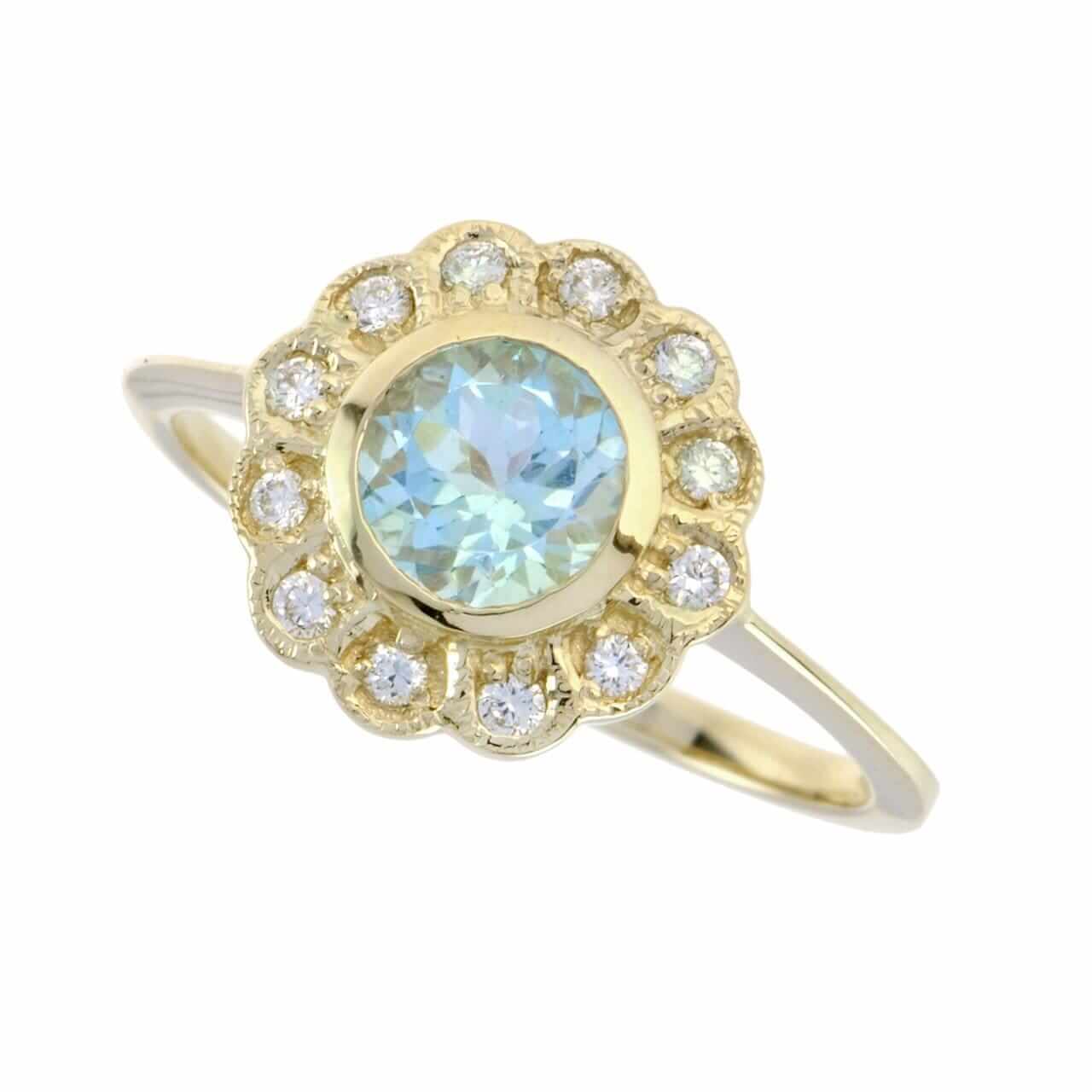 Yellow Gold Blue Topaz and Diamond Art Deco Style Ring