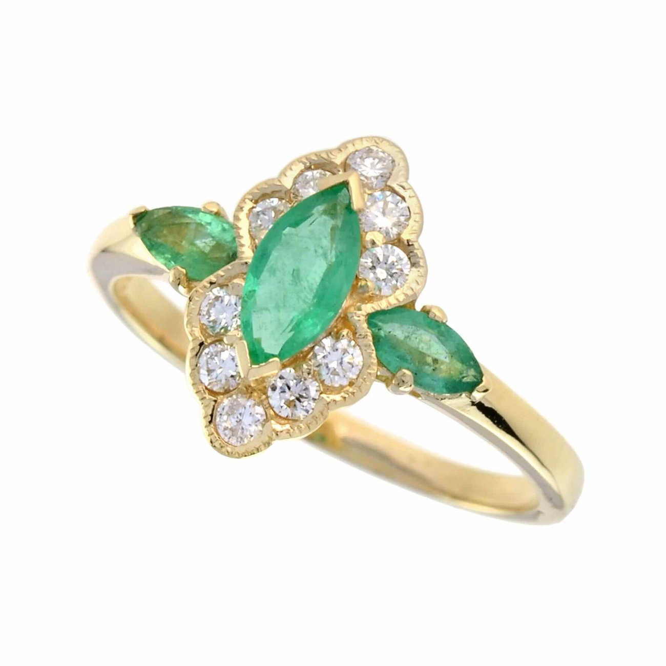 Yellow Gold Emerald and Diamond Art Deco Style Ring