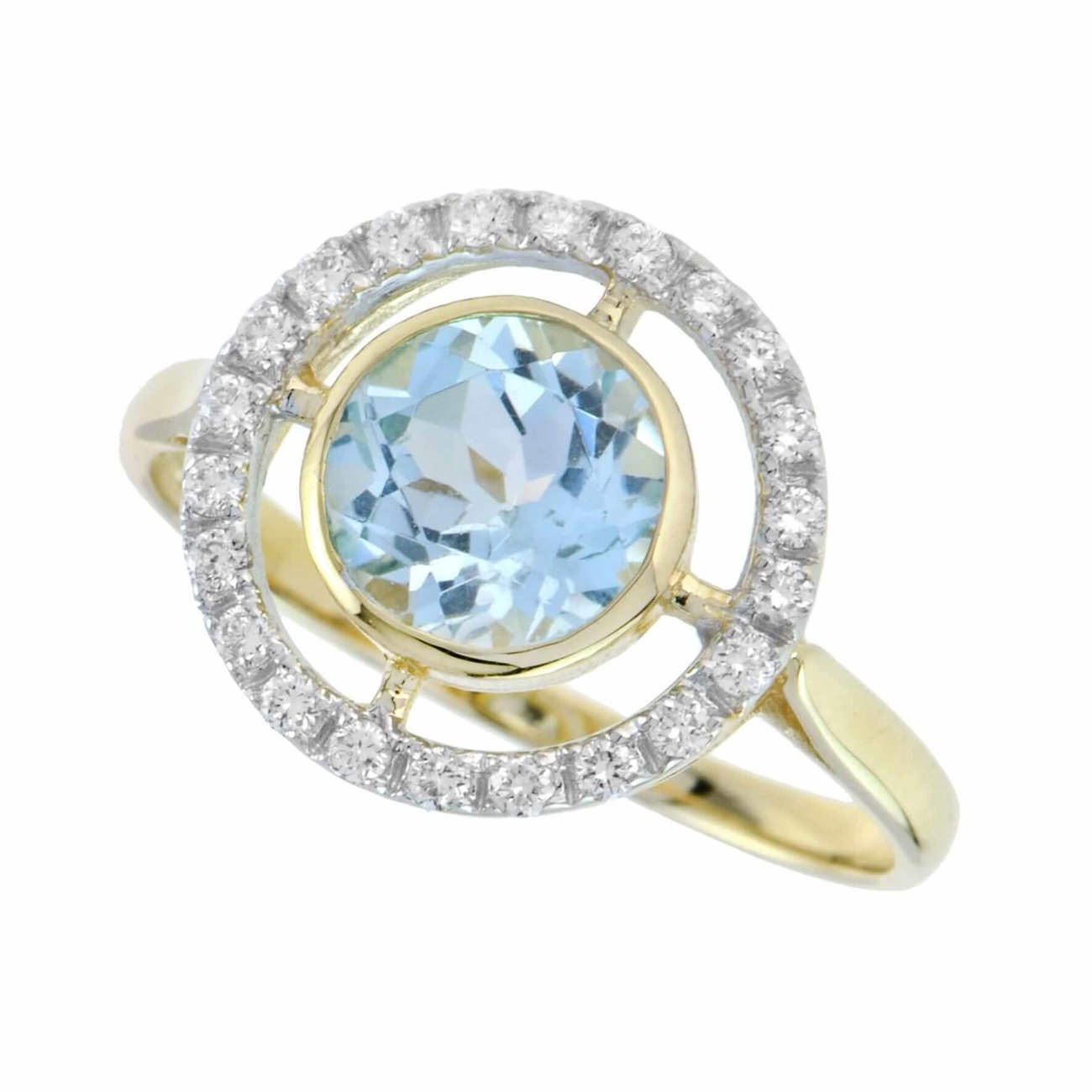 Yellow Gold Blue Topaz and Diamond Art Deco Style Ring