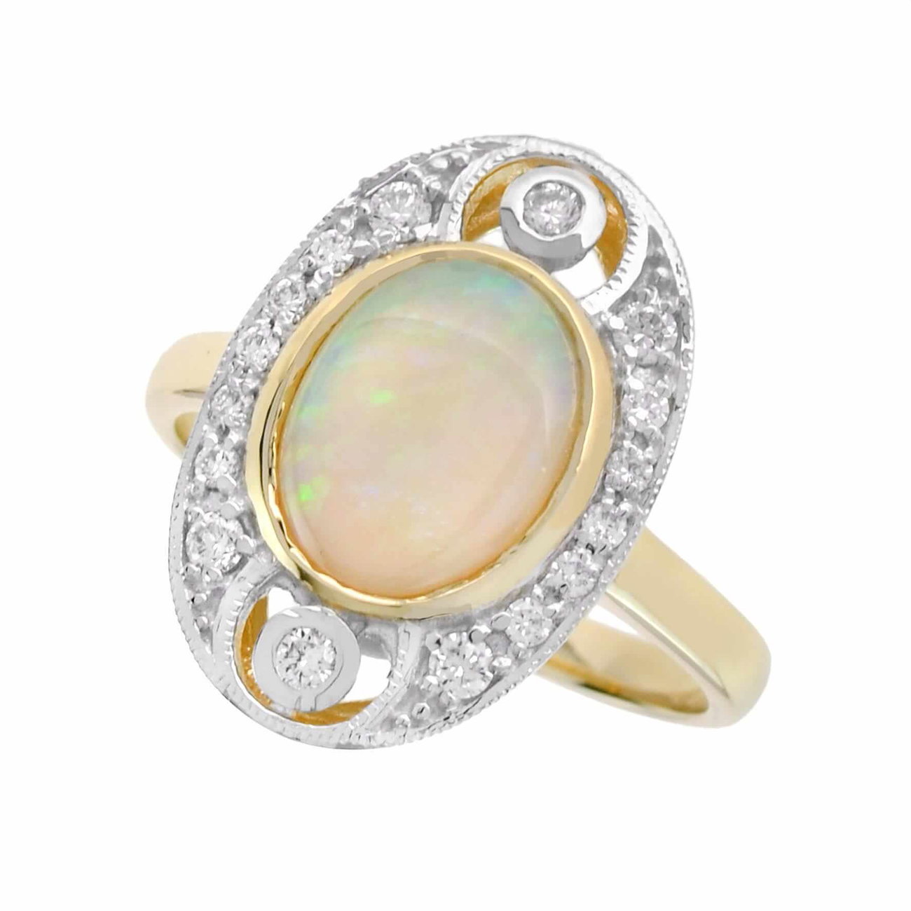 Yellow Gold Opal and Diamond Art Deco Style Ring
