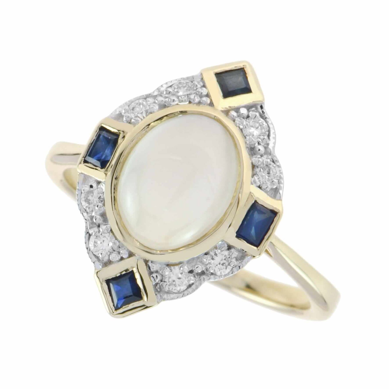 Yellow Gold Moonstone, Sapphire and Diamond Art Deco Style Ring