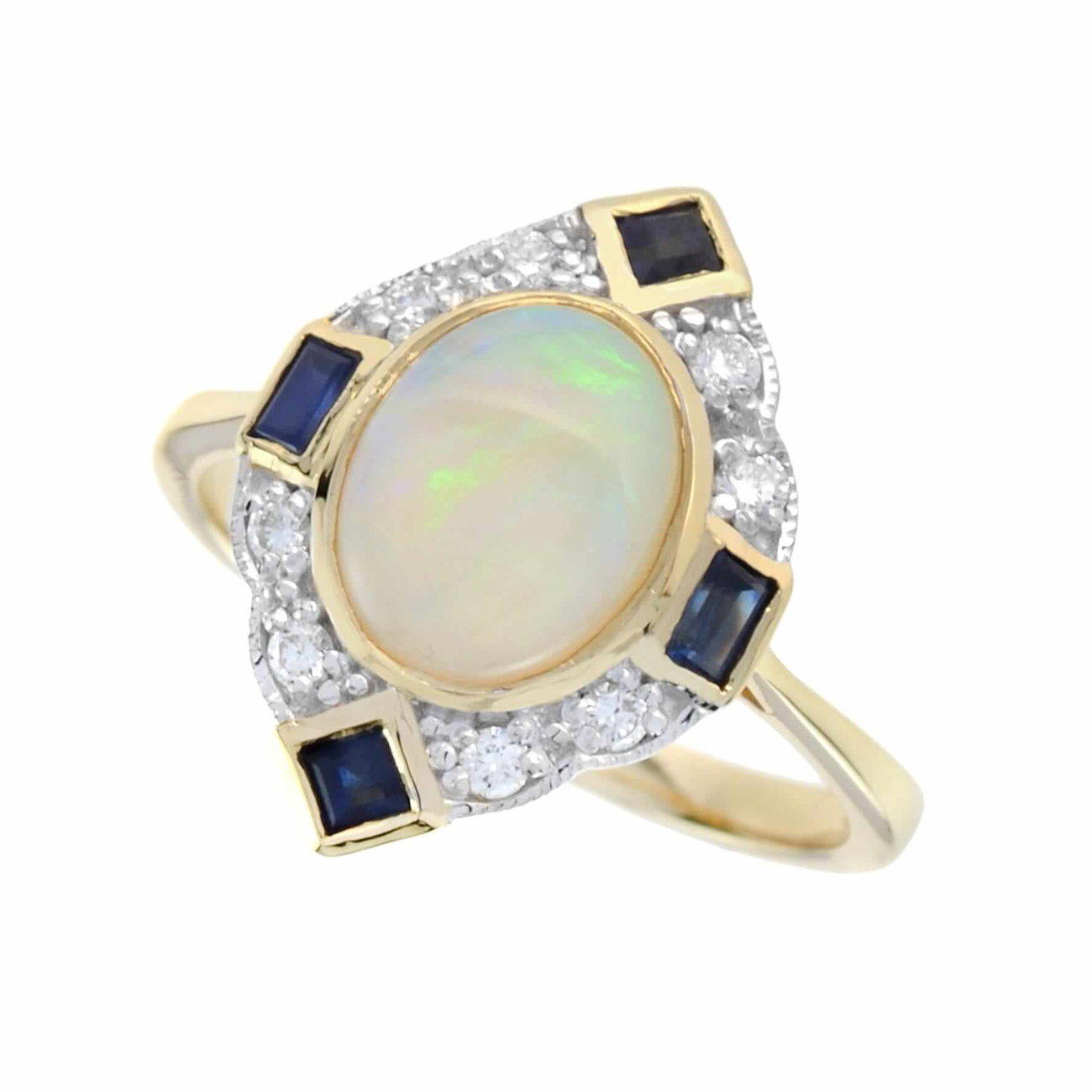 Yellow Gold Opal, Sapphire and Diamond Art Deco Style Ring