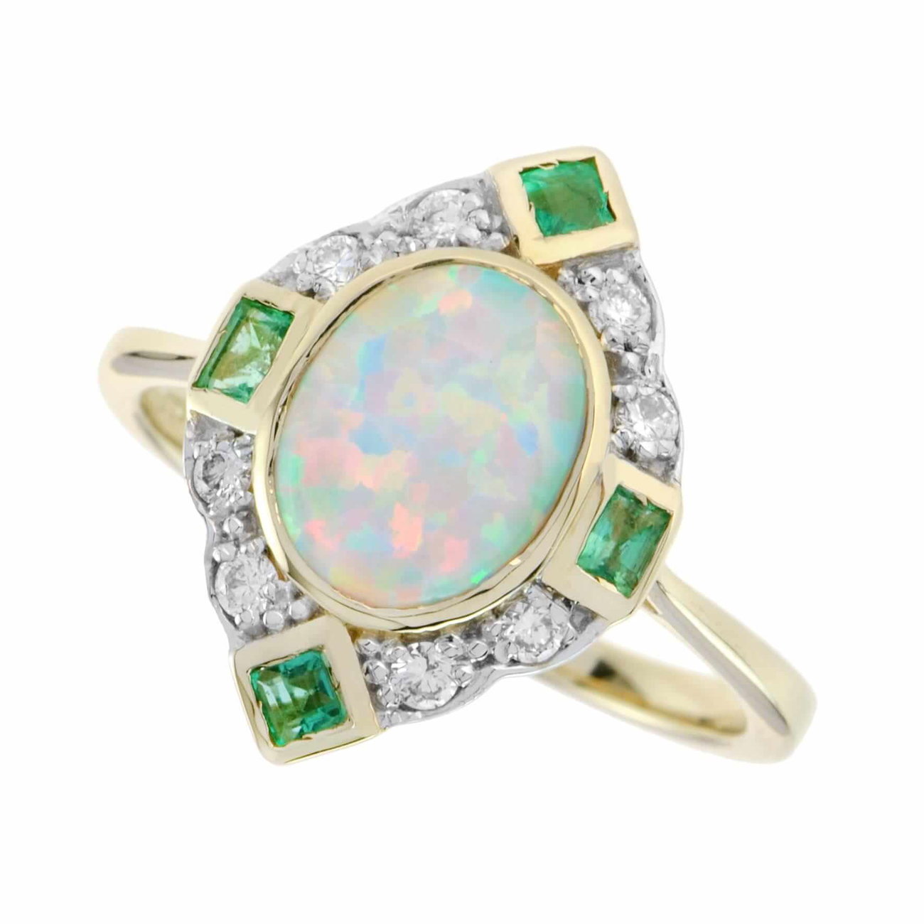Yellow Gold Opal, Emerald and Diamond Art Deco Style Ring