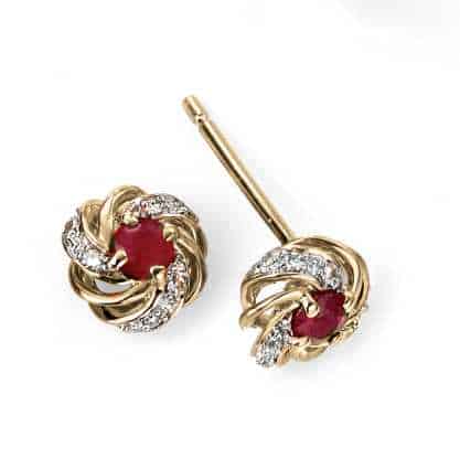Yellow Gold Diamond Ruby Cluster Earrings