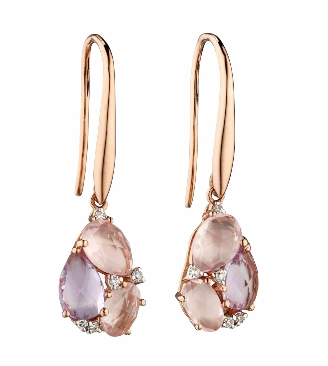 Rose De France and Rose Quartz Teardrop Cluster Earrings Yellow Gold