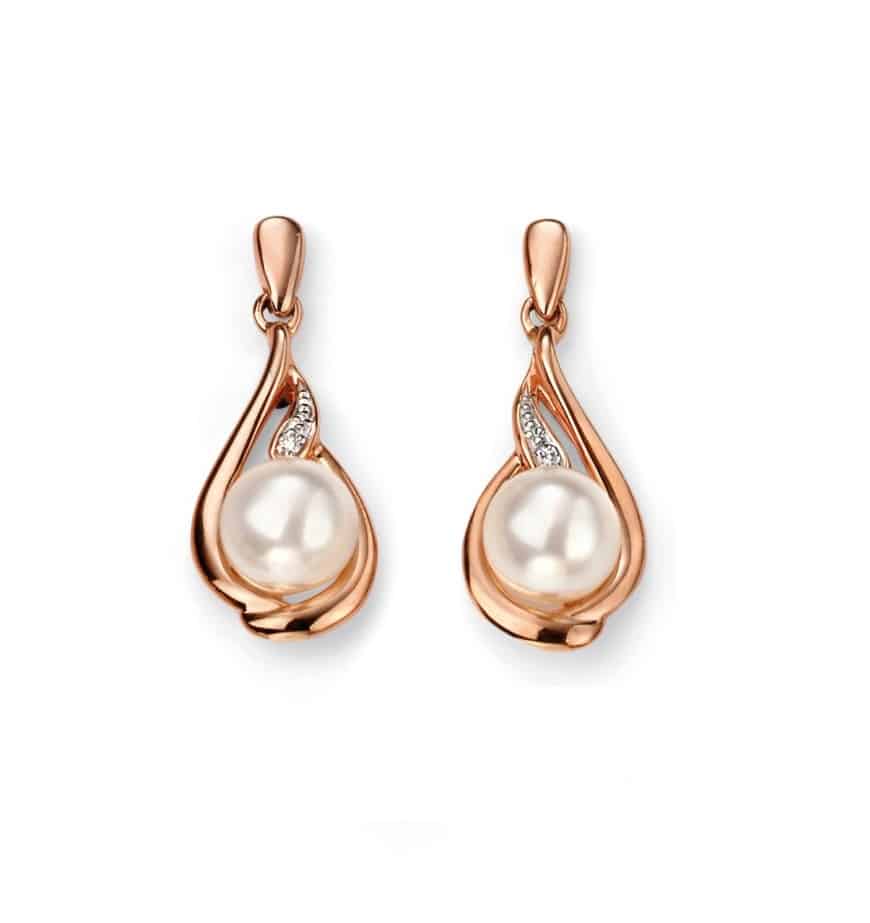 Rose Gold Diamond White Pearl Drop Earrings