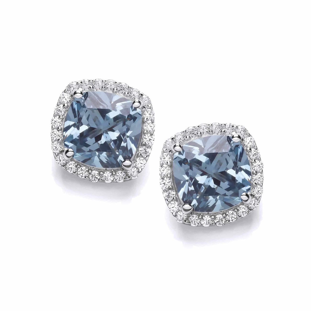 Sterling Silver and Aqua CZ Square Cushion Earrings
