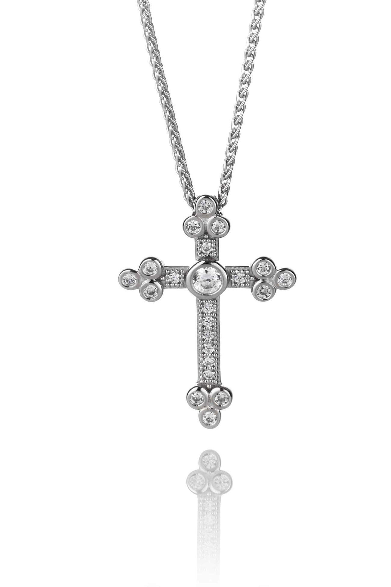 Sterling Silver and CZ Cathedral Cross Pendant with 16 - 18" Silver Chain