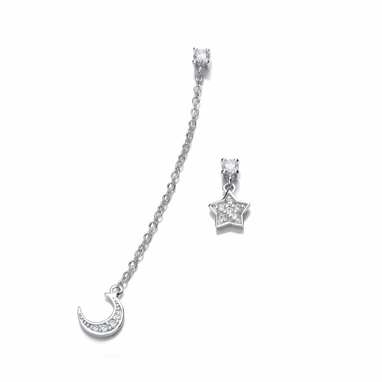 Sterling Silver CZ Long and Short Moon and Star Earrings