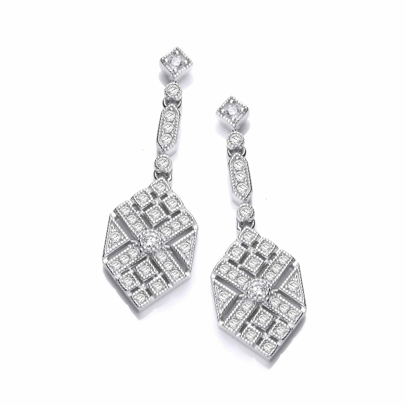Sterling Silver and CZ Victorian Style Hexagon Drop Earrings