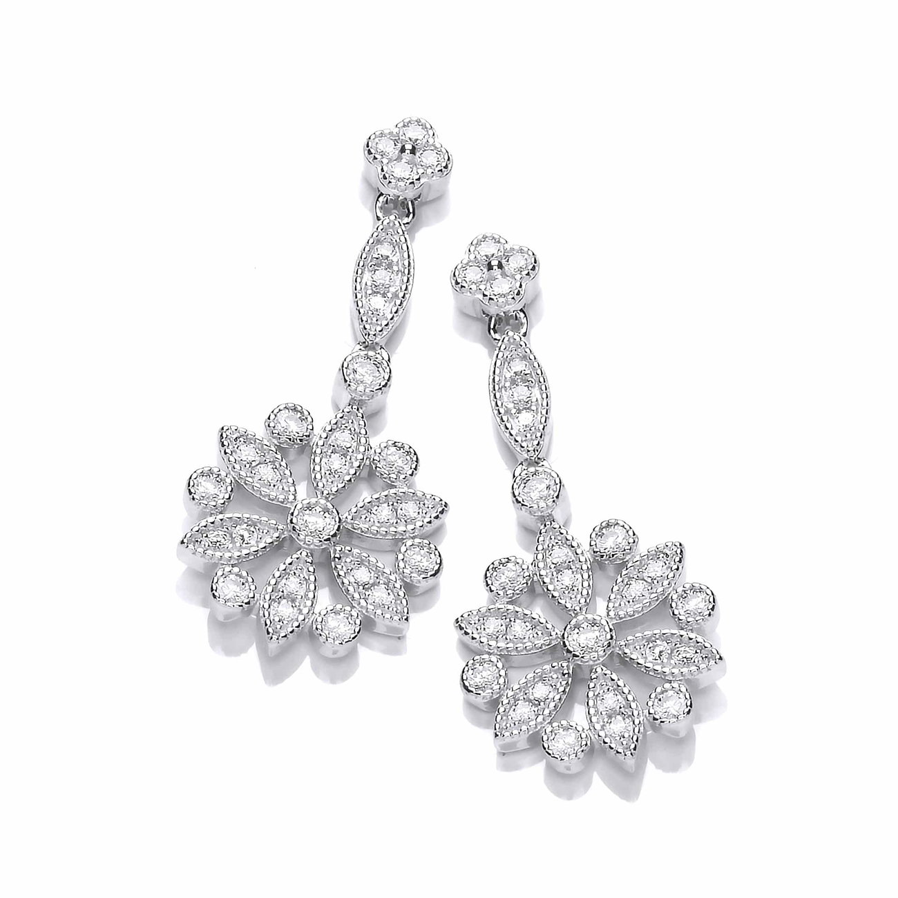 Sterling Silver and CZ Victorian Stylised Floral Drop Earrings