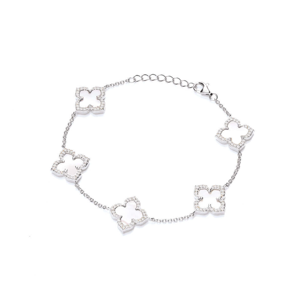Sterling Silver CZ Mother of Pearl Clover Bracelet