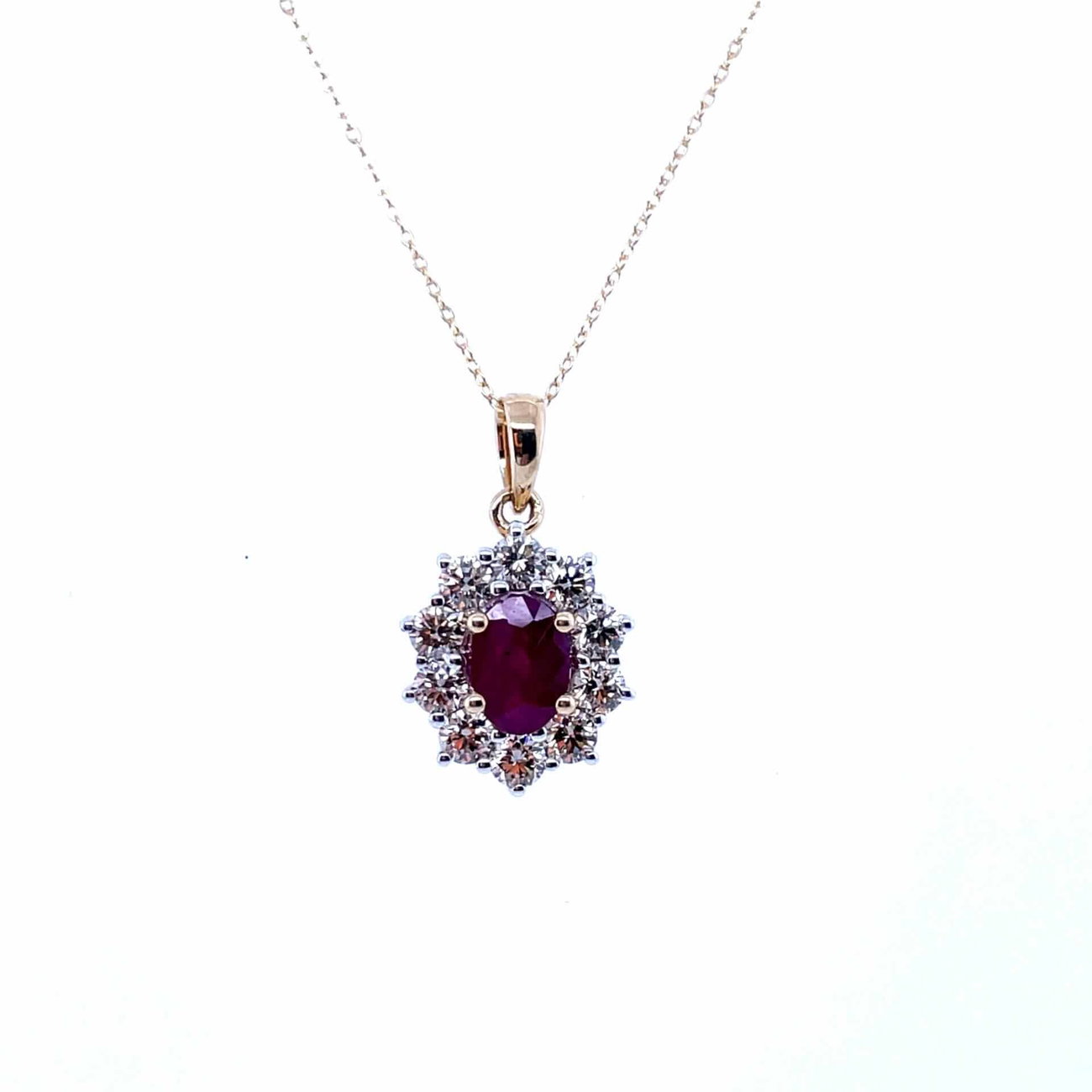 Yellow Gold Ruby & Diamond Cluster Necklace
