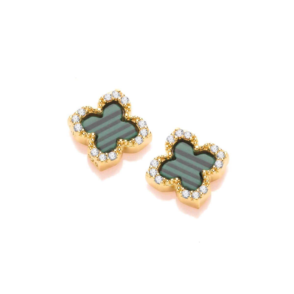 Sterling Silver Yellow Gold Plated CZ Malachite Clover Earrings