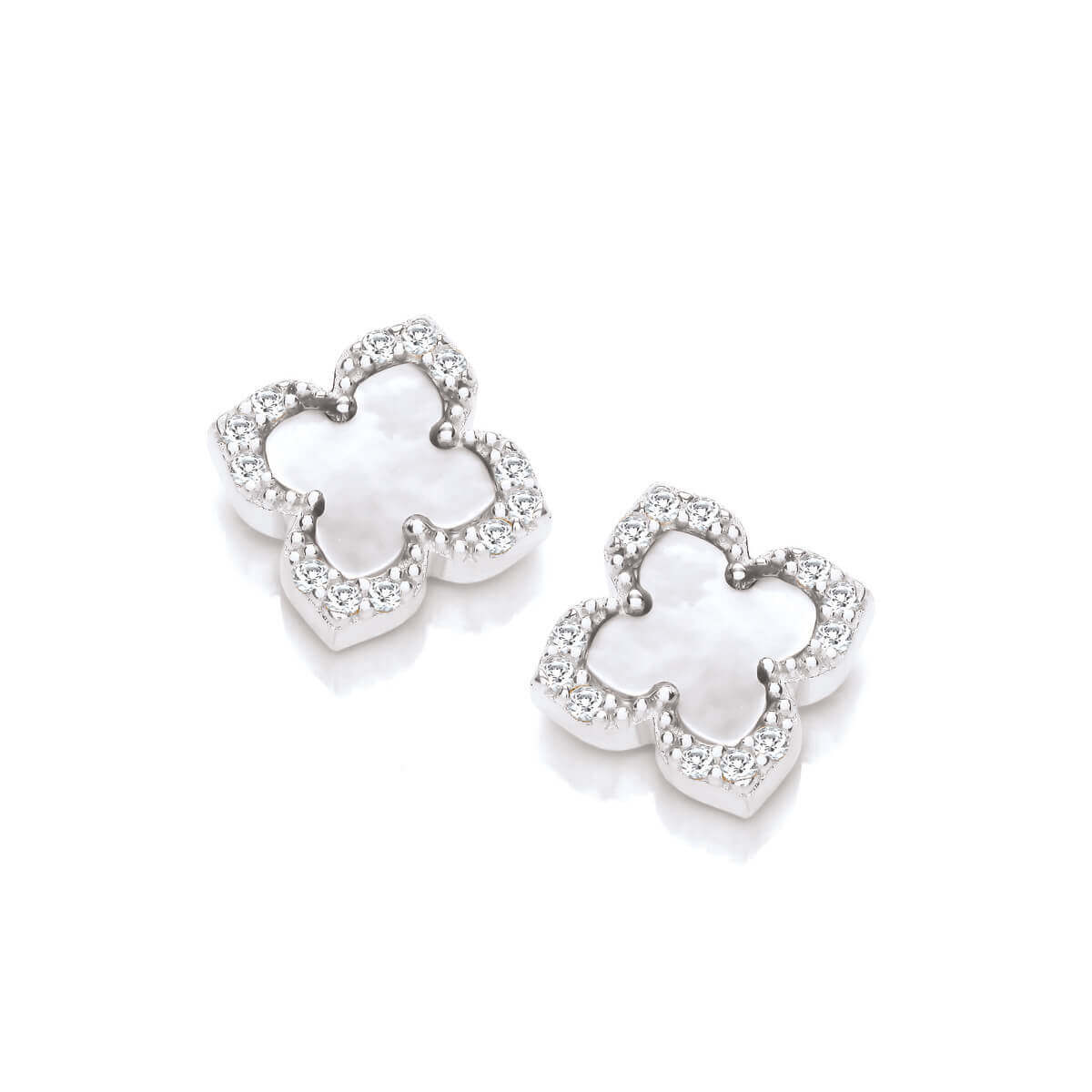 Sterling Silver CZ Mother of Pearl Clover Earrings