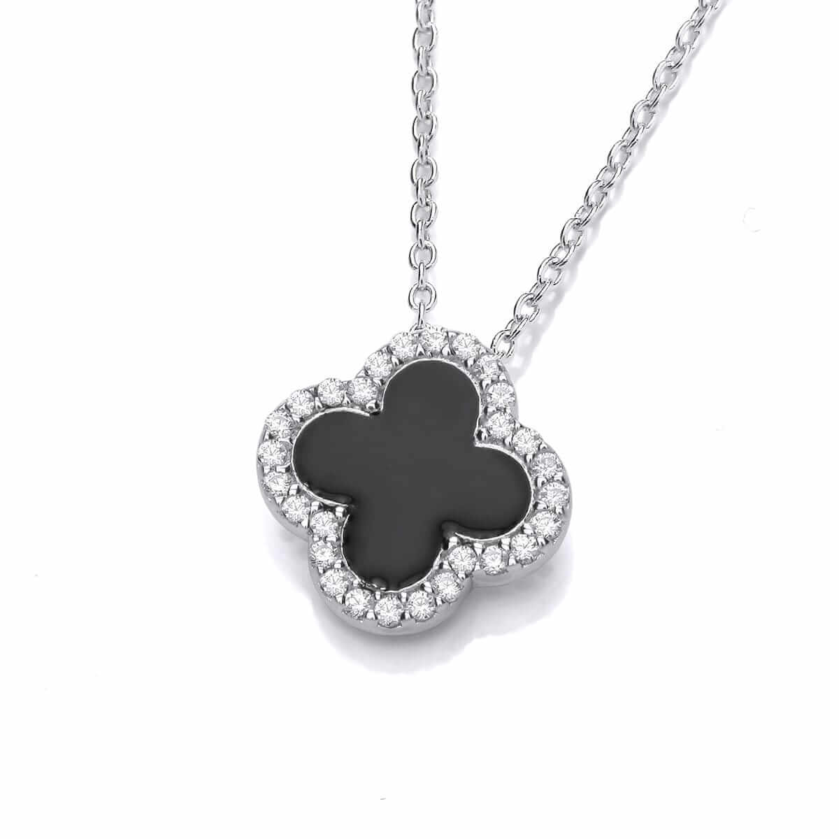 Sterling Silver CZ Black Enamel Clover Necklace