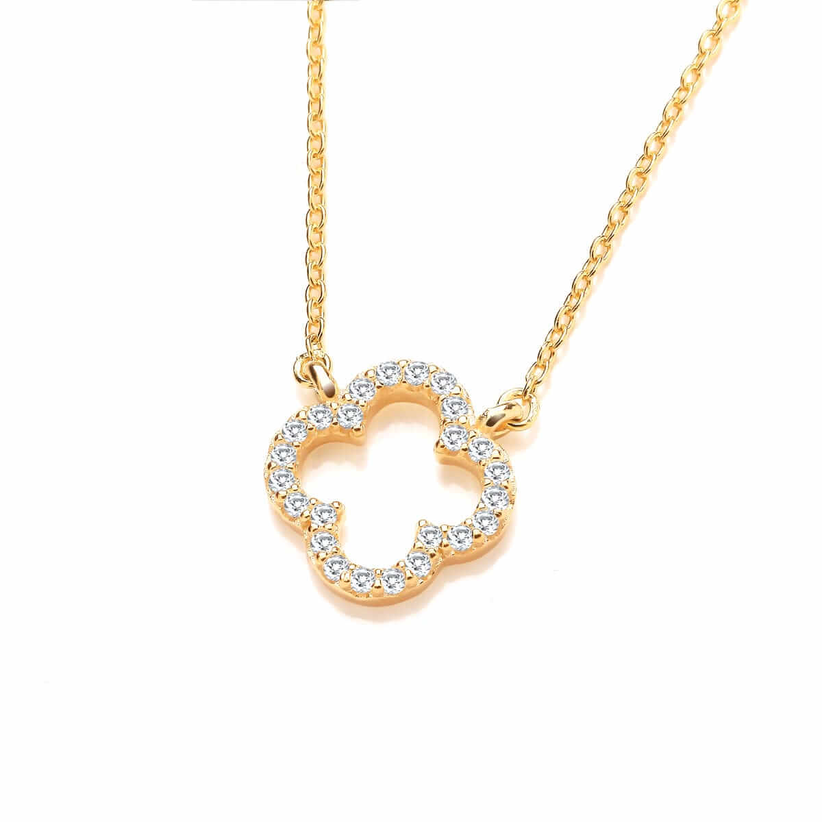 Sterling Silver Yellow Gold Plated CZ Clover Necklace