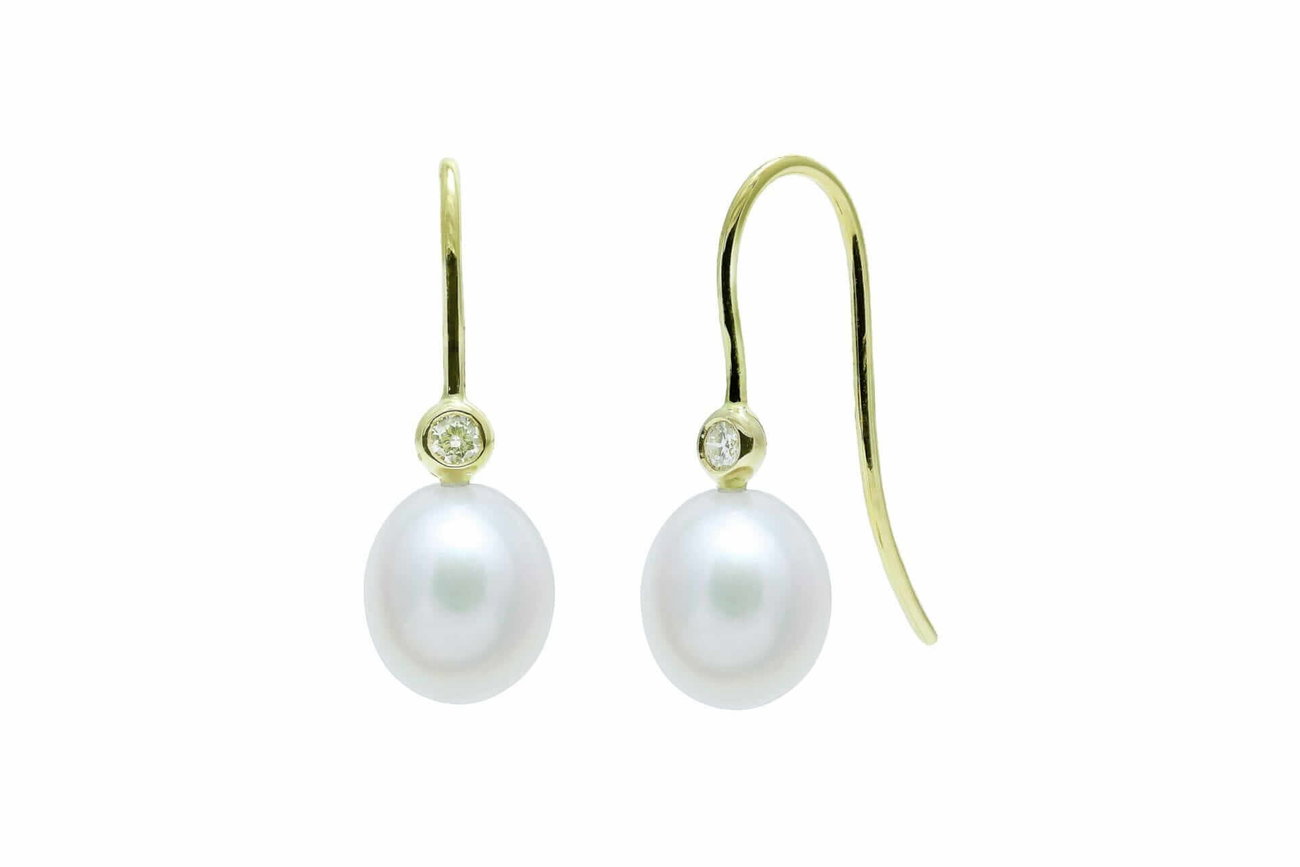 18ct Gold 7.5-8mm Round Cultured Pearl Diamond Drop Earrings