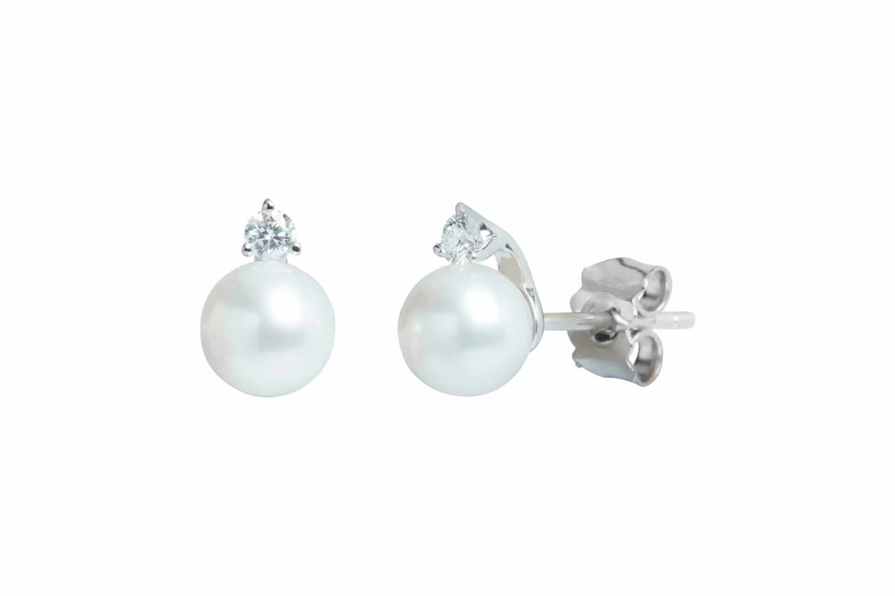 18ct Gold 6-6.5mm Round Cultured Pearl Diamond Earrings