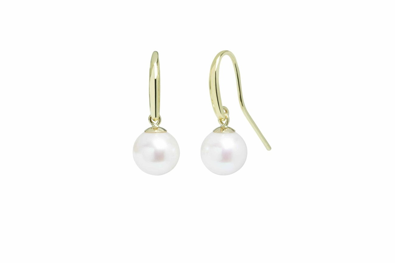 Gold 8-8.5mm Round Cultured Pearl Drop Earrings