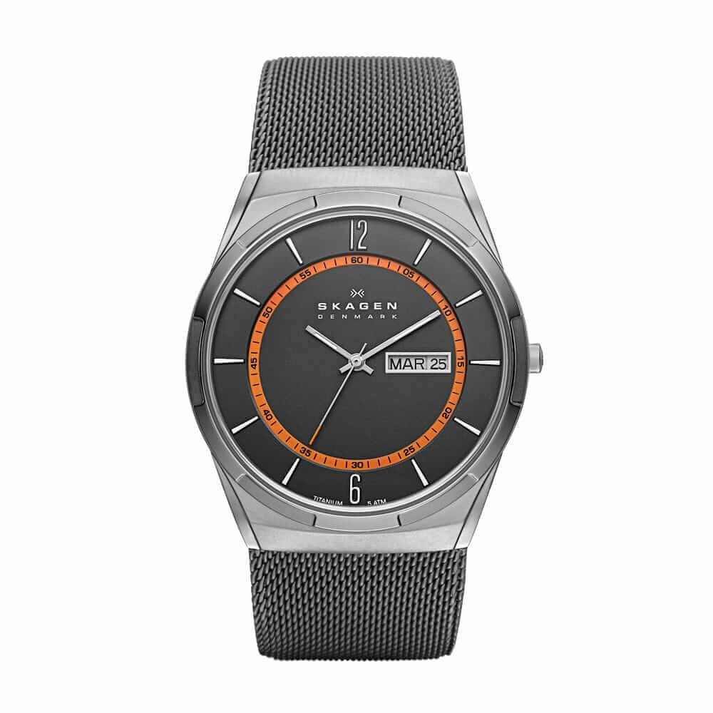 Melbye Titanium and Charcoal Steel Mesh Day-Date Watch