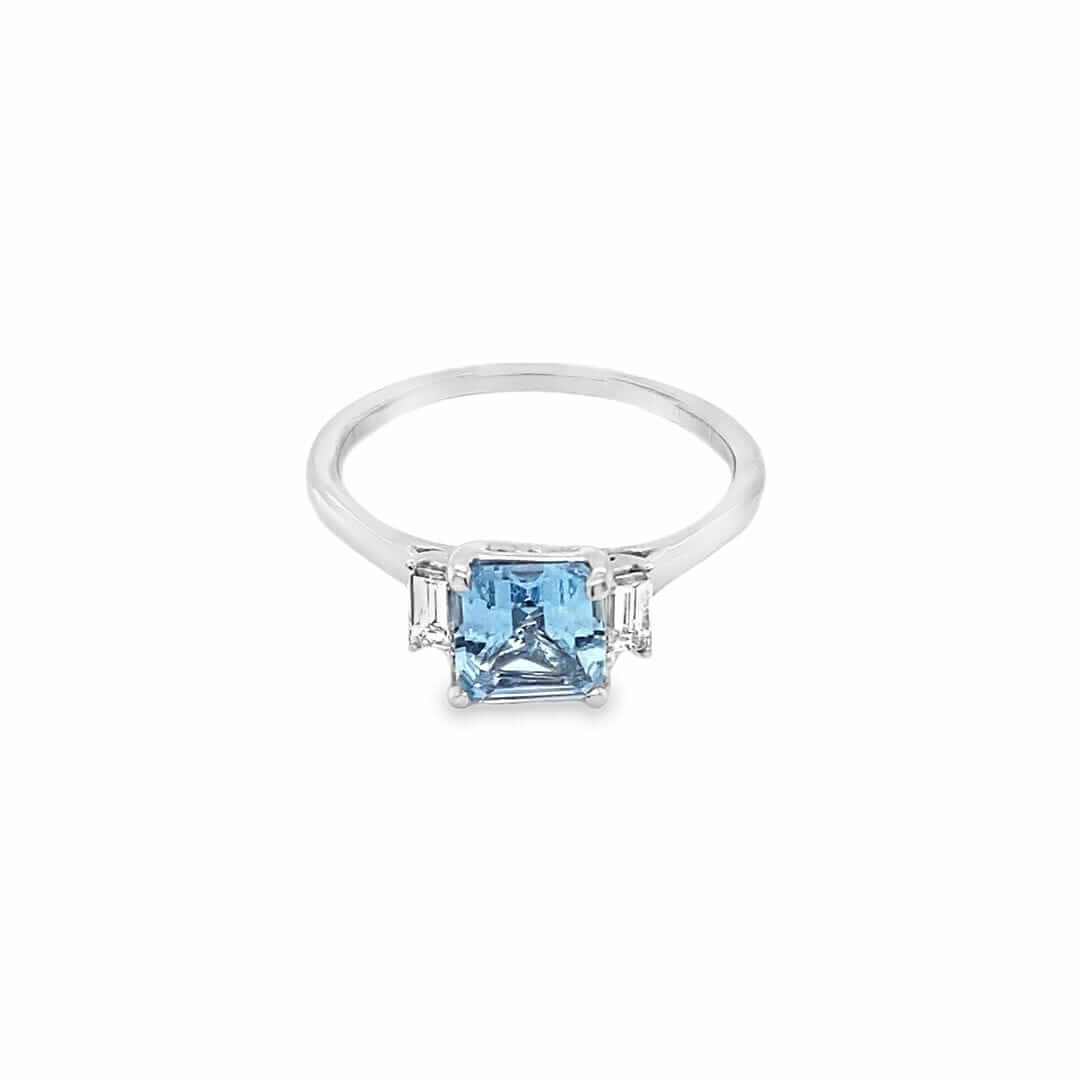 18ct White Gold 0.92ct Ascher Cut Aquamarine and Diamond Ring