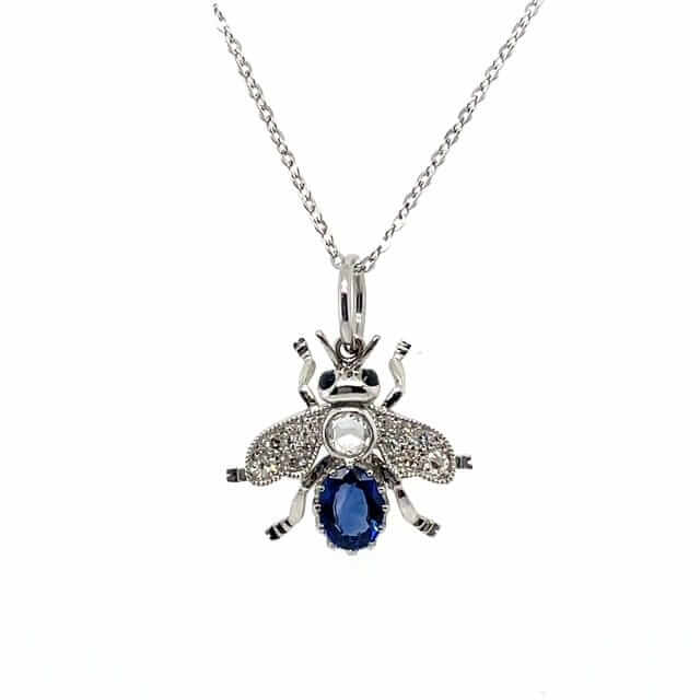 Platinum 0.16ct Diamond and 0.67ct Sapphire Bug Pendant with Platinum Chain