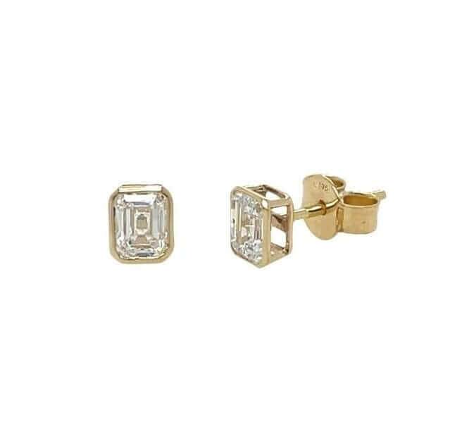Lab-Grown Yellow Gold 1.00ct Diamond Emerald Cut Bezel Set Stud Earrings