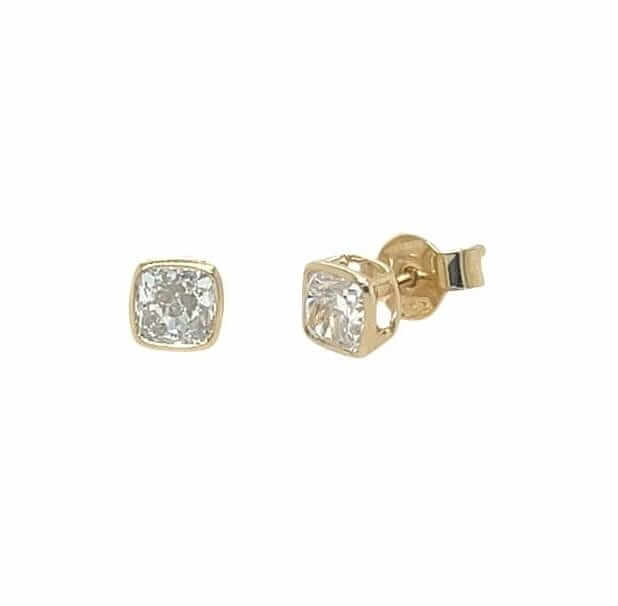 Lab-Grown Yellow Gold 1.00ct Diamond Cushion Cut Bezel Set Stud Earrings