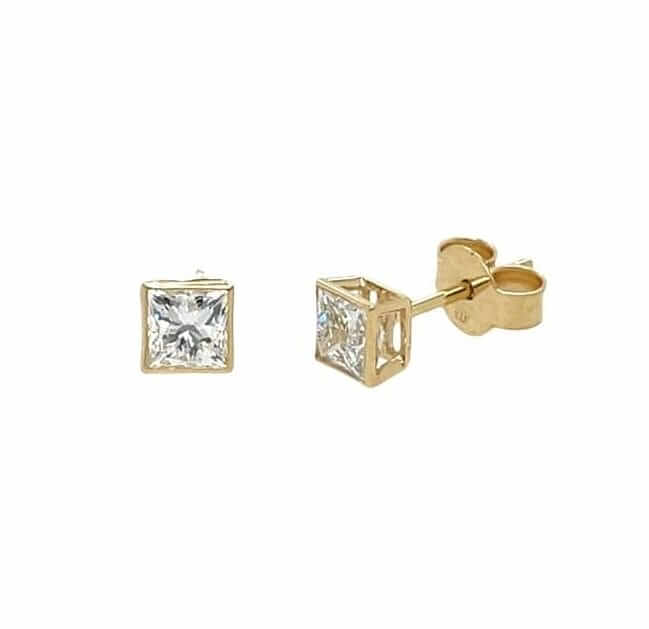 Lab-Grown Yellow Gold 1.00ct Diamond Princess Cut Bezel Set Stud Earrings