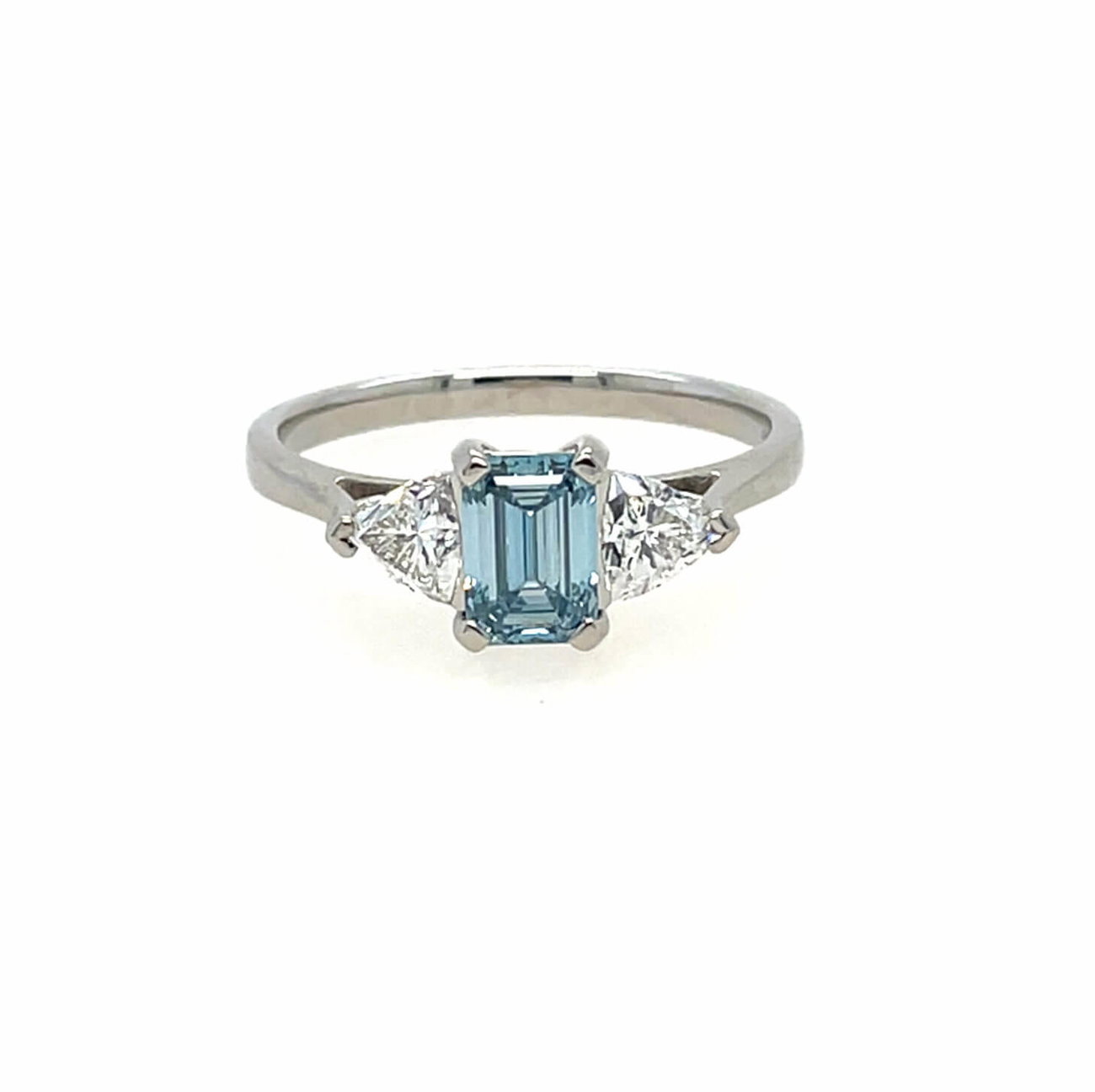 Lab Grown 1.76ct Blue Diamond Emerald Cut Platinum Trillion Ring